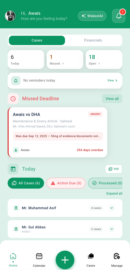 WakeelsApp Dashboard — Case Management for Pakistani Lawyers