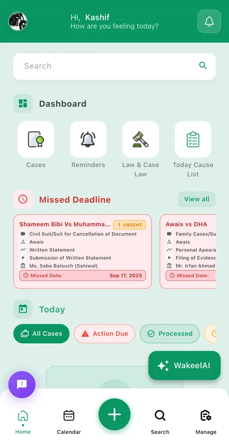 WakeelsApp Dashboard — Case Management for Pakistani Lawyers